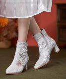 peopleterritory Boho White Embroidery Nail Bead Chunky Heel Boots CZ1056