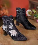 peopleterritory Boho White Embroidery Nail Bead Chunky Heel Boots CZ1056