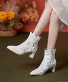 peopleterritory Boho White Embroidery Nail Bead Chunky Heel Boots CZ1056