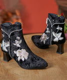 peopleterritory Boho White Embroidery Nail Bead Chunky Heel Boots CZ1056