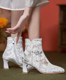 peopleterritory Boho White Embroidery Nail Bead Chunky Heel Boots CZ1056