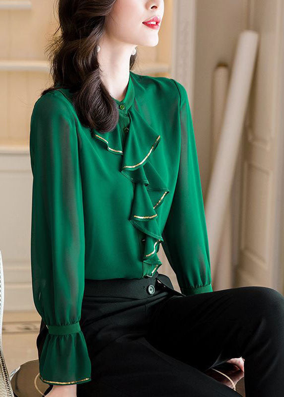 peopleterritory Boutique Green Ruffled Patchwork Chiffon Shirts Two Pieces Spring LY0374