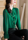 peopleterritory Boutique Green Ruffled Patchwork Chiffon Shirts Two Pieces Spring LY0374