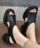 peopleterritory Casual Black Cowhide Leather Buckle Strap Sandals SL1027