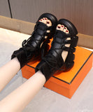 peopleterritory Casual Black Hollow Out Peep Toe Lace Up Platform Sandals RT1007