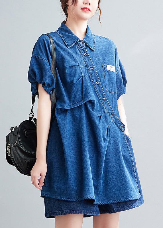 peopleterritory Casual Blue Peter Pan Collar Cotton Shirts And Shorts Two Pieces Set Summer LY0639