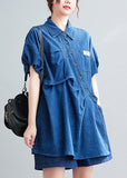 peopleterritory Casual Blue Peter Pan Collar Cotton Shirts And Shorts Two Pieces Set Summer AC2063