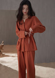 peopleterritory Casual Brick Red V Neck Tie Waist Cotton Pajamas Two Pieces Set Spring LY1861