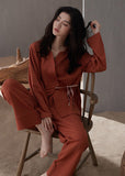 peopleterritory Casual Brick Red V Neck Tie Waist Cotton Pajamas Two Pieces Set Spring LY1861