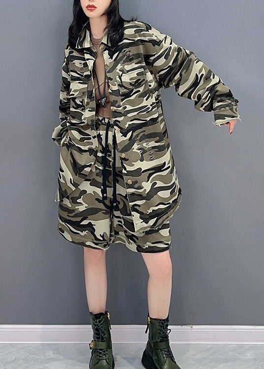 peopleterritory Casual Camouflage Peter Pan Collar Zippered Print Coats And Shorts Two Pieces Set Spring LC0295