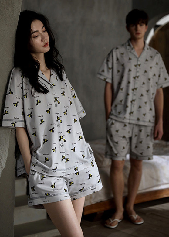 peopleterritory Casual Grey Peter Pan Collar Print Button Cotton Couple Pajamas Two Pieces Set Summer LY1867