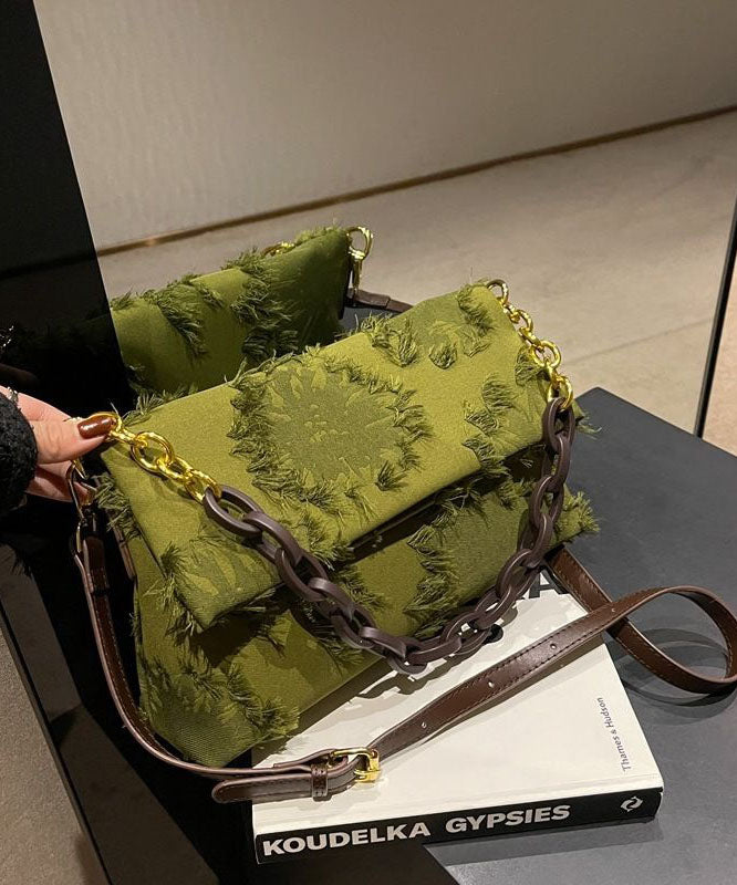 peopleterritory Chic Green Tassel Patchwork Chain Canvas Messenger Bag LY1376