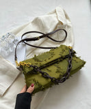 peopleterritory Chic Green Tassel Patchwork Chain Canvas Messenger Bag LY1376