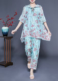 peopleterritory Chic Light Blue Hooded Ruffled Embroideried Silk Two Pieces Set Flare Sleeve LC0405