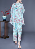 peopleterritory Chic Light Blue Hooded Ruffled Embroideried Silk Two Pieces Set Flare Sleeve LY1135