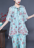 peopleterritory Chic Light Blue Hooded Ruffled Embroideried Silk Two Pieces Set Flare Sleeve LY1135