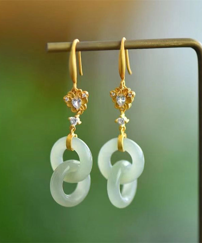 peopleterritory Chic Light Green Sterling Silver Overgild Double Ring Jade Zircon Drop Earrings GH1020