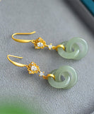 peopleterritory Chic Light Green Sterling Silver Overgild Double Ring Jade Zircon Drop Earrings GH1020