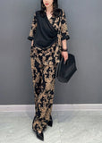 peopleterritory Classy Black V Neck Fake Two Pieces Top And Wide Leg Pants Two Piece Set Spring LC0307