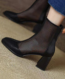 peopleterritory Classy Brown Hollow Out Tulle Splicing Chunky Heel Boots CZ1009