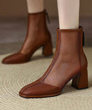 peopleterritory Classy Brown Hollow Out Tulle Splicing Chunky Heel Boots CZ1009