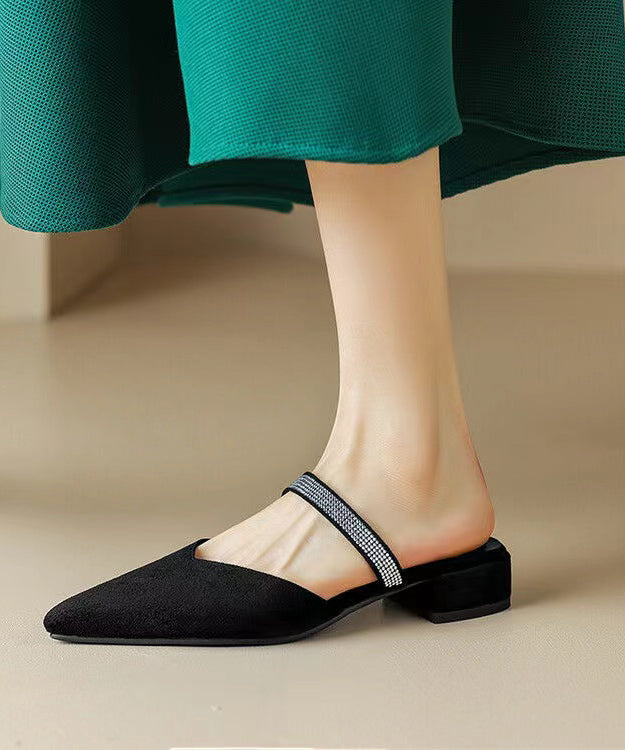 peopleterritory Classy Comfy Black Zircon Pointed Toe Slide Sandals RT1006