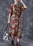 peopleterritory Coffee Floral Cotton Two Piece Suit Set Asymmetrical Oversized Summer TD1061