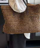 peopleterritory Coffee Straw Woven Satchel Bag Handbagdbag Patchwork Zip Up LY1385