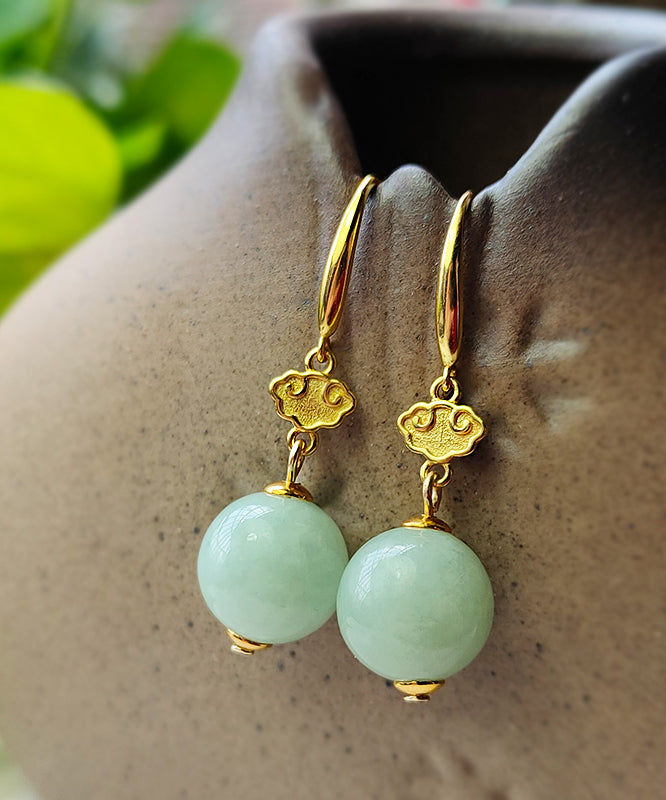 peopleterritory Cute Light Green Sterling Silver Overgild Jade Drop Earrings GH1088