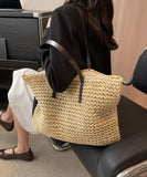 peopleterritory DIY Beige Zip Up Patchwork Straw Woven Satchel Bag Handbag LY1391