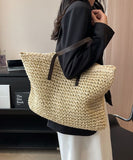 peopleterritory DIY Beige Zip Up Patchwork Straw Woven Satchel Bag Handbag LY1391