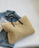 peopleterritory DIY Beige Zip Up Patchwork Straw Woven Satchel Bag Handbag LY1391