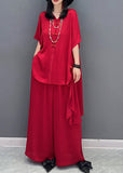 peopleterritory DIY Red V Neck Asymmetrical Solid Shirts And Wide Leg Pants Two Piece Set Spring LC0311