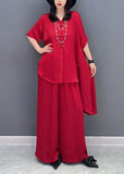 peopleterritory DIY Red V Neck Asymmetrical Solid Shirts And Wide Leg Pants Two Piece Set Spring LC0311