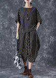 peopleterritory Elegant Black Oversized Striped Linen Women Sets 2 Pieces Summer TD1050