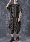 peopleterritory Elegant Black Oversized Striped Linen Women Sets 2 Pieces Summer TD1050