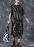 peopleterritory Elegant Black Oversized Striped Linen Women Sets 2 Pieces Summer TD1050