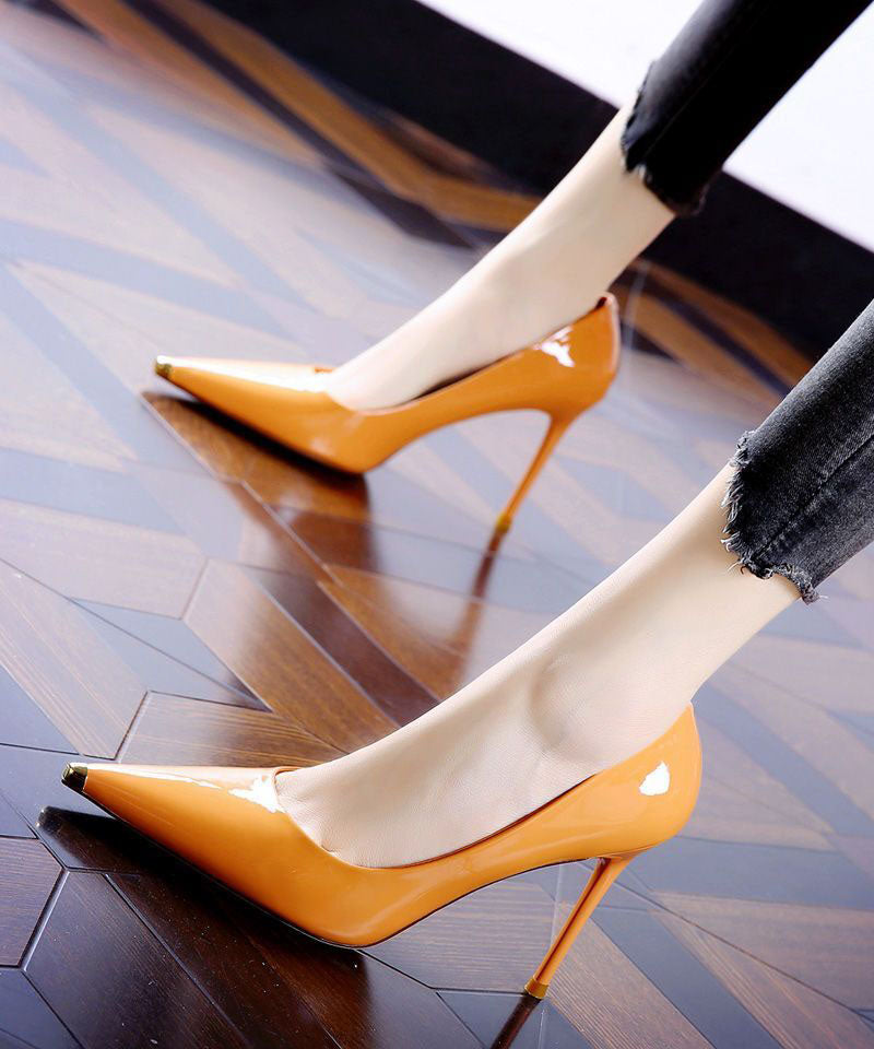 peopleterritory Elegant Pointed Toe Stiletto High Heels Orange Cowhide Leather LC0176