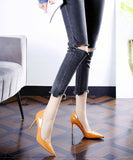 peopleterritory Elegant Pointed Toe Stiletto High Heels Orange Cowhide Leather LC0176