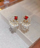 peopleterritory Elegant Red Copper Zircon Pearl Rose Stud Earrings KX1019