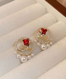 peopleterritory Elegant Red Copper Zircon Pearl Rose Stud Earrings KX1019