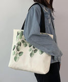 peopleterritory Elegant White Greenery Print Canvas Satchel Handbag LY1765