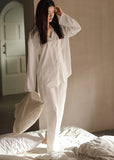 peopleterritory Elegant White Peter Pan Collar Button Solid Ice Silk Pajamas Two Piece Set Spring LY1907