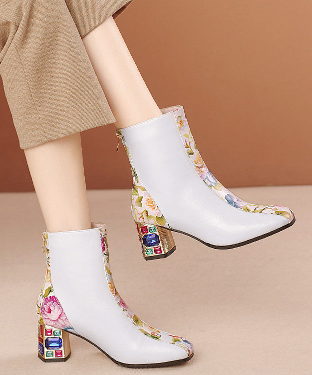 peopleterritory Elegant White Print Zircon Cowhide Leather Chunky Boots RT1057