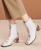 peopleterritory Elegant White Print Zircon Cowhide Leather Chunky Boots RT1057