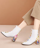 peopleterritory Elegant White Print Zircon Cowhide Leather Chunky Boots RT1057