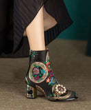 peopleterritory Elegant Yellow Embroidered Zircon Satin Chunky Ankle Boots RT1082