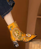 peopleterritory Elegant Yellow Embroidered Zircon Satin Chunky Ankle Boots RT1082