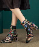 peopleterritory Elegant Yellow Embroidered Zircon Satin Chunky Ankle Boots RT1082