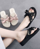 peopleterritory Fashion Beige Bow Linen Fabric Beach Slide Sandals LY0170